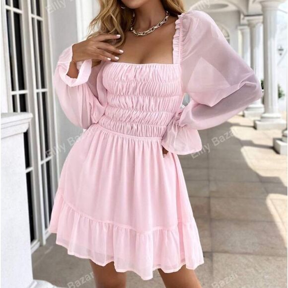 Eilly Bazar Baby Pink Shirred Flounce Sleeve Ruffle Hem Chiffon Dress - Picture 3 of 10